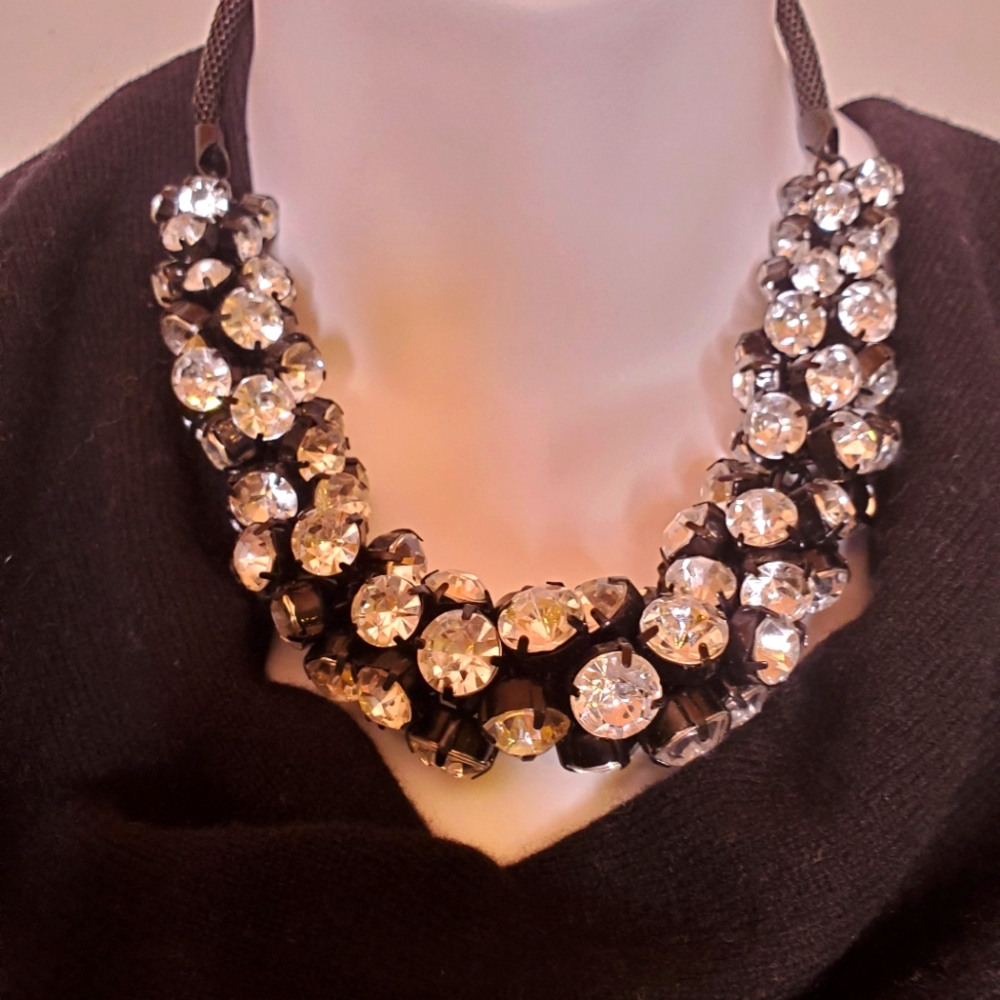 Large rhinestone and black wire mesh necklacr